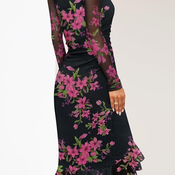 Women’s Mesh Bodycon Midi Dress Long Sleeve Square Neck Elegant Party - Picture 3 of 5